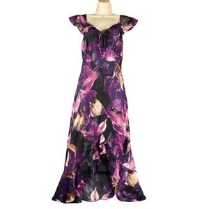 Betsey Johnson Women's S‎ Purple Gold Floral Metallic Ruffle Maxi Dress JM408115